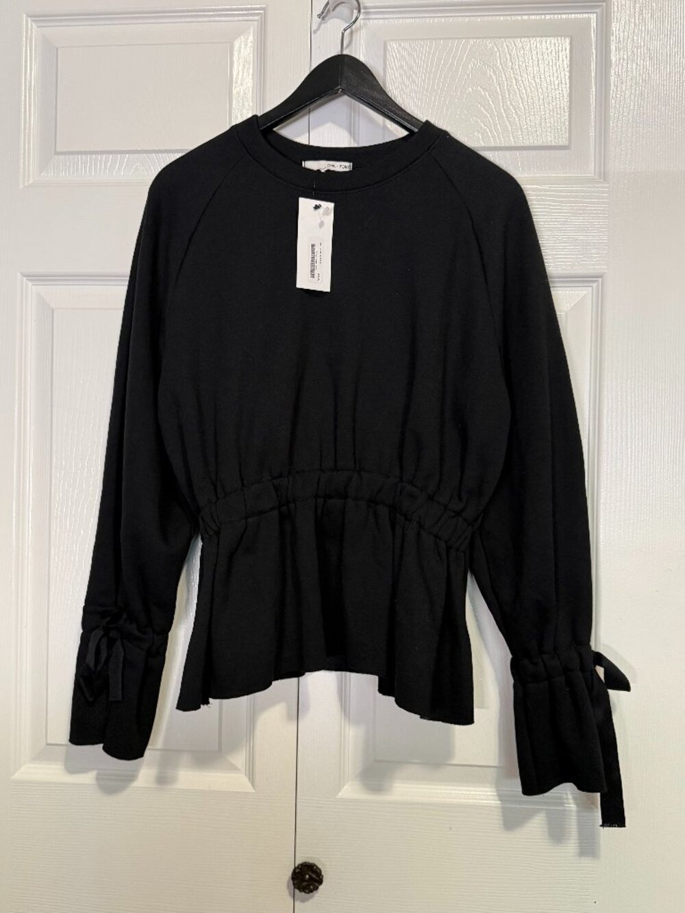 NWT OAK + FORT Black Cinched Elastic Waist Sweatshirt Ribbon Wrist Tie OS